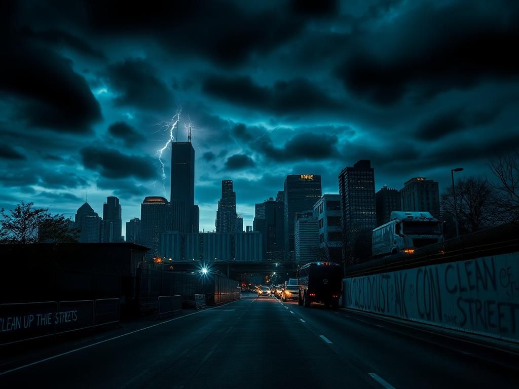 Flick International A dramatic urban scene of Chicago's skyline at dusk with storm clouds and police barricades