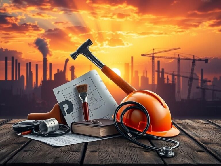 Flick International A powerful scene with tools and symbols representing various professions arranged on a wooden table