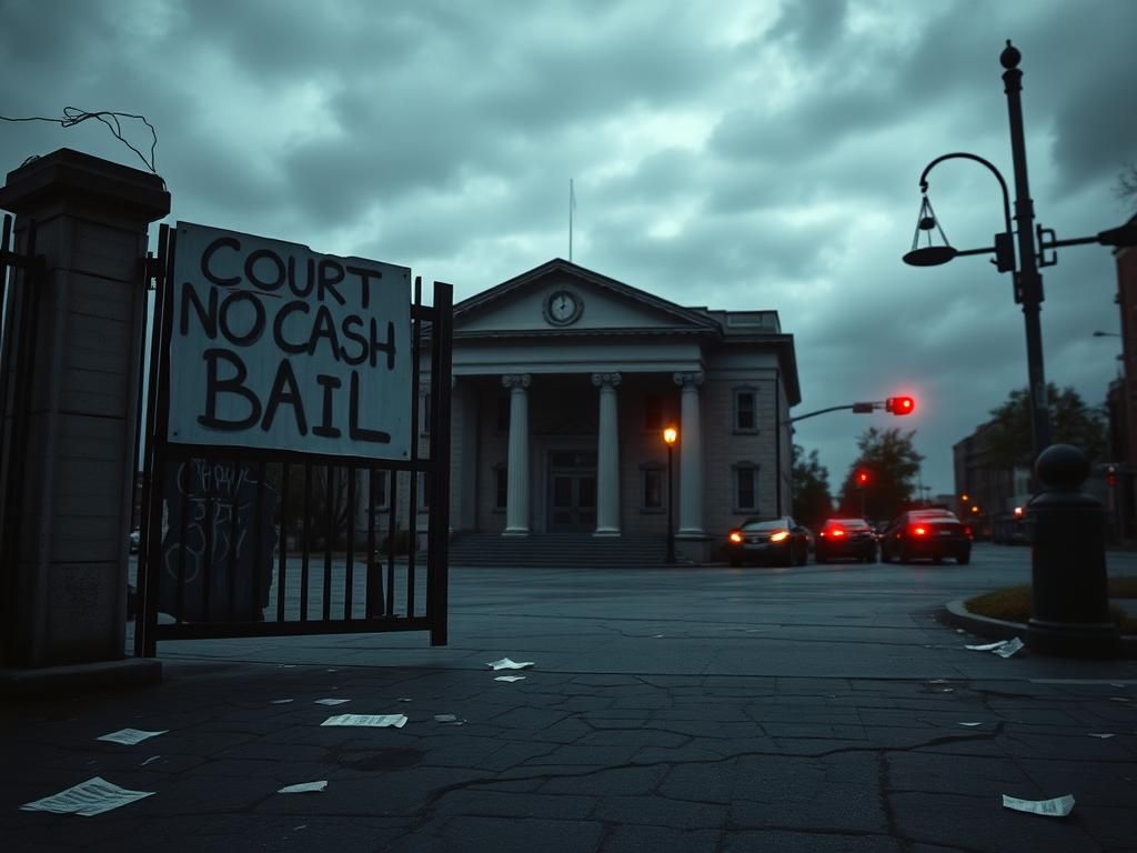 Flick International Dilapidated courthouse with 'No Cash Bail' sign amidst graffiti