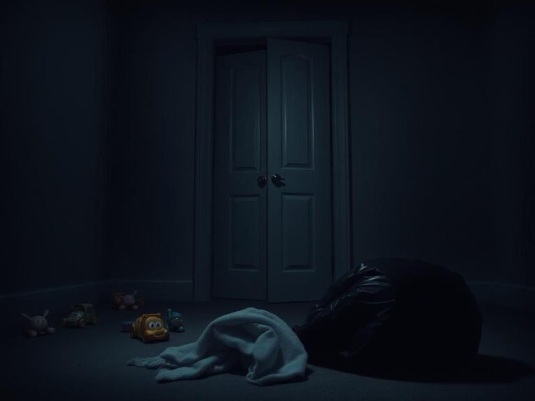 Flick International Dimly lit room with a partially open closet door and scattered children's toys symbolizing lost innocence