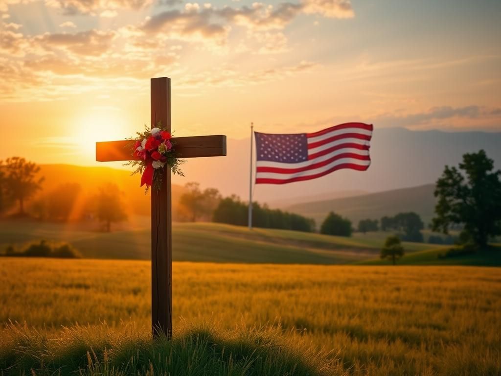 Flick International A serene landscape with a wooden cross and American flag at sunset.