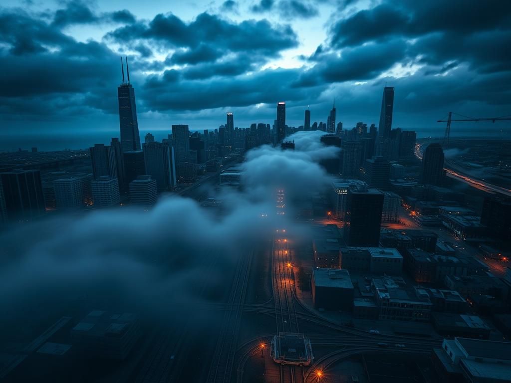 Flick International Aerial view of Chicago skyline at dusk with tangled railroad tracks and major interstates