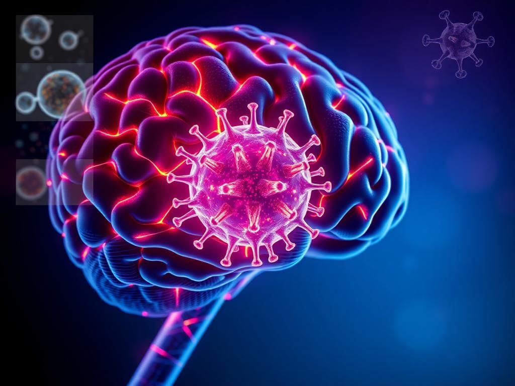Flick International Close-up of a human brain with illuminated neural pathways against an abstract virus depiction