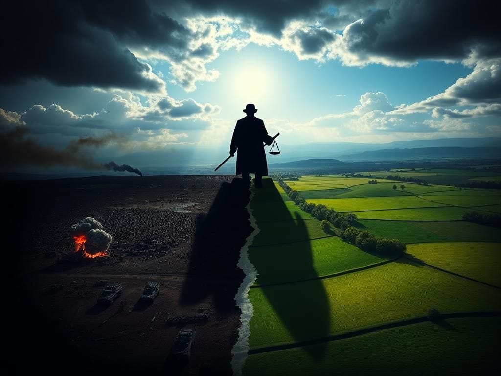 Flick International Dramatic landscape contrasting a battlefield with a peaceful countryside