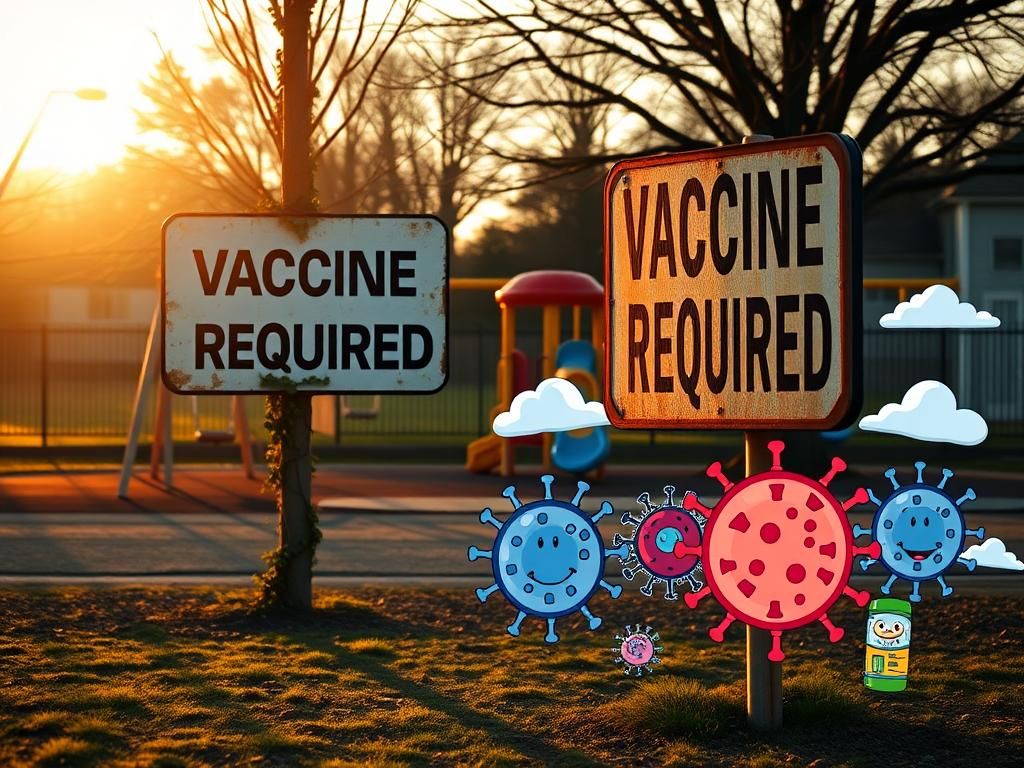 Flick International A deserted school playground with a rusted sign reading 'Vaccination Required' symbolizing fading vaccine mandates