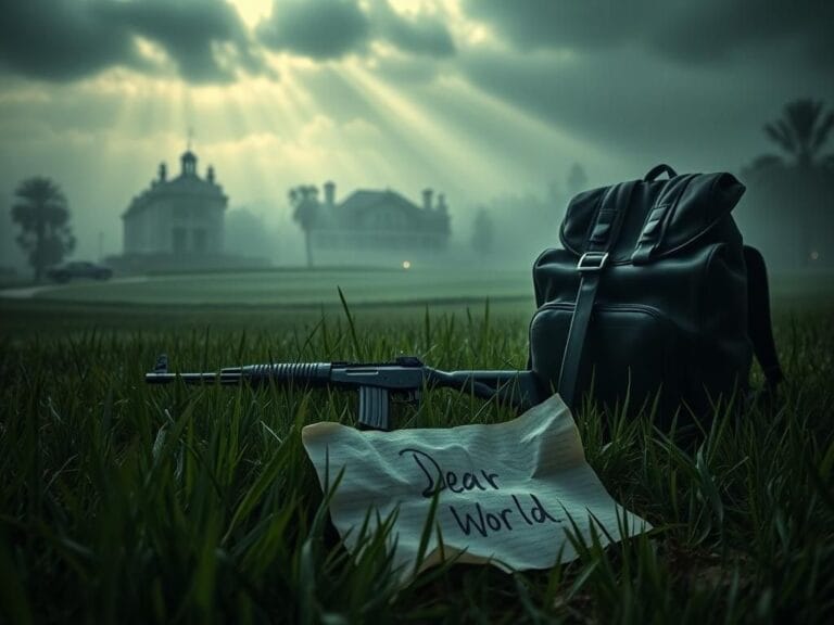 Flick International A dramatic golf course scene with an empty backpack and a rifle, conveying tension