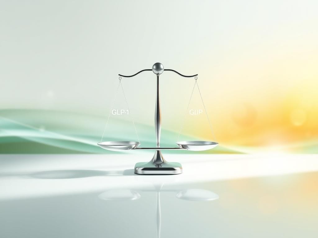 Flick International Abstract representation of a balanced scale representing GLP-1, GIP, glucagon, and peptide YY hormones.