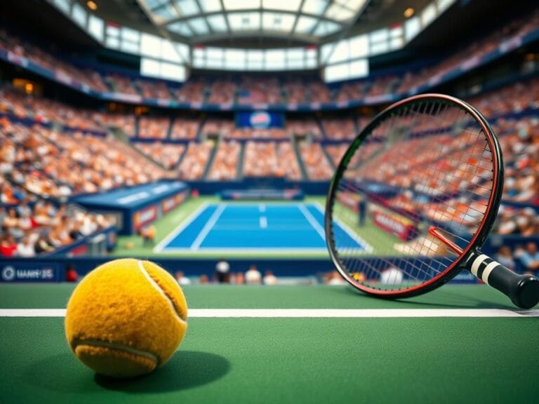 Flick International A close-up of a well-worn tennis ball resting on a green court surface at the U.S. Open