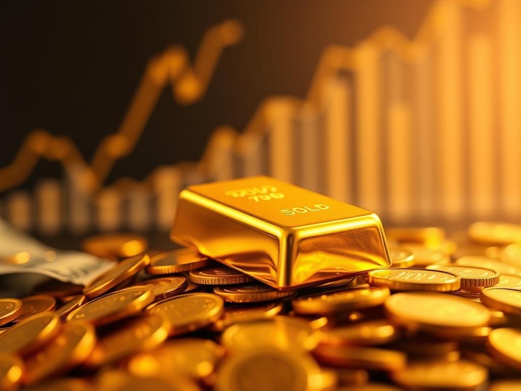 Flick International Close-up of a shiny gold bar on a bed of gold coins, representing gold as a valuable asset.