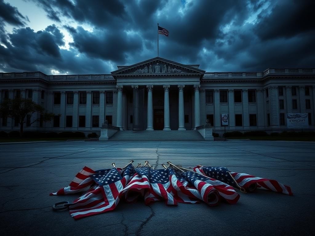 Flick International A stark, empty government building facade symbolizing turmoil with tattered American flags