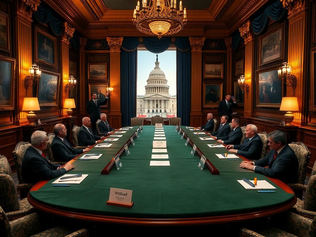 Flick International Ornate conference room at the Willard Hotel with polished wooden table and conservative name cards
