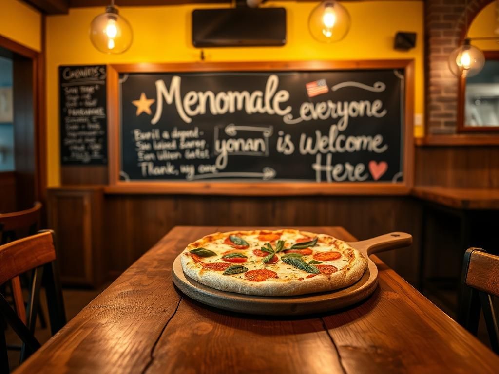 Flick International Cozy pizzeria interior featuring a rustic wooden table set for a meal with a classic pizza and fresh ingredients