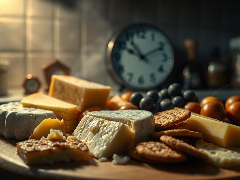 Flick International Close-up of a beautifully arranged cheese board with various types of cheese, crackers, and fruits on a dimly lit kitchen counter