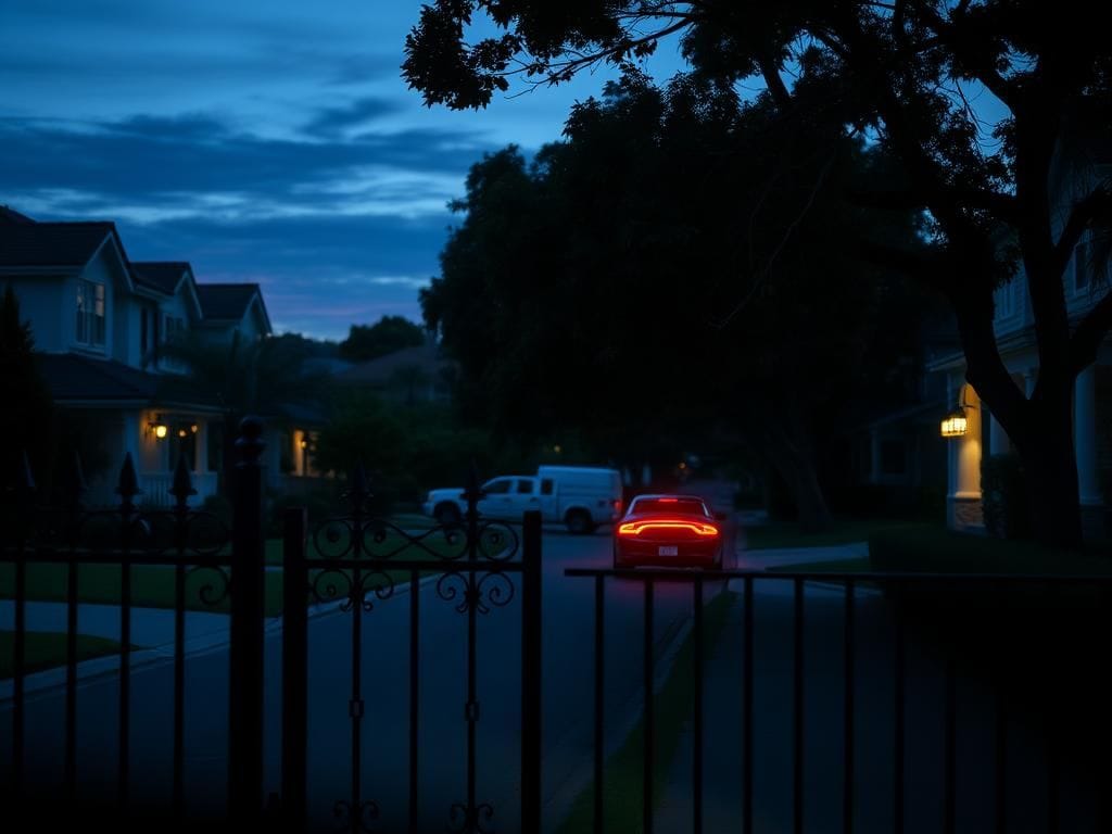 Flick International Serene suburban street in upscale Los Angeles neighborhood showing security features against crime