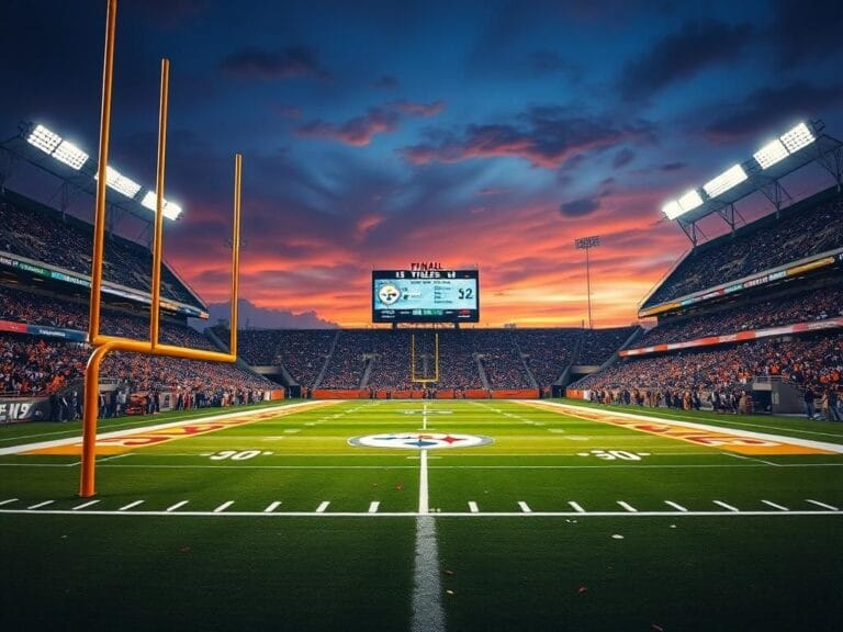 Flick International A dramatic football stadium scene featuring an empty field with bright lighting and end zones painted in Pittsburgh Steelers colors.