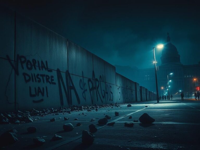 Flick International Dimly lit urban scene illustrating protest unrest with scattered debris