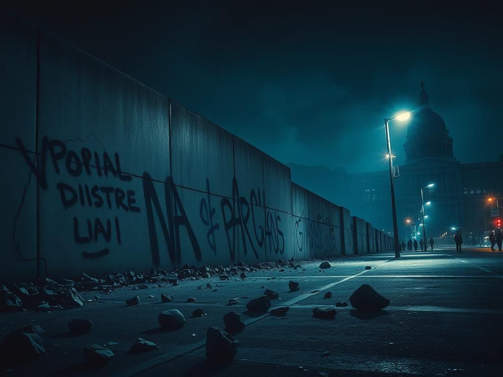 Flick International Dimly lit urban scene illustrating protest unrest with scattered debris