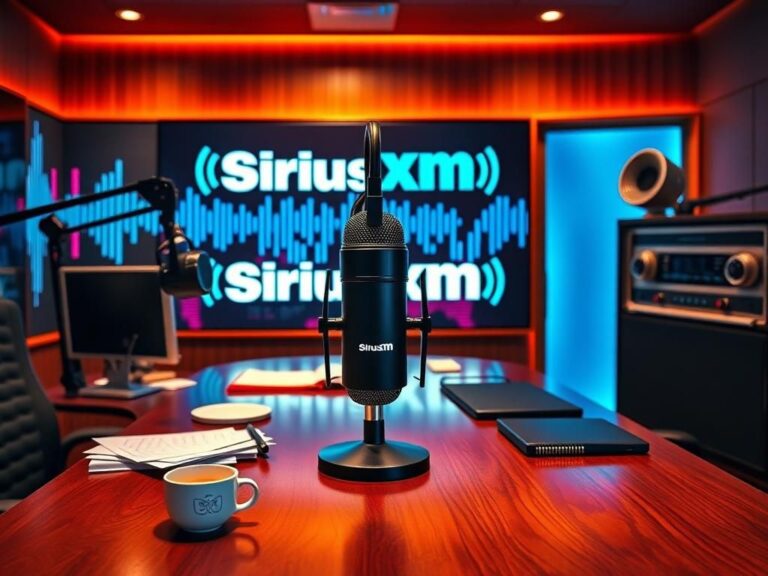 Flick International Modern radio studio featuring a sleek black microphone with notes and coffee cup