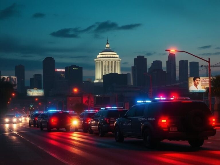 Flick International Dramatic urban scene of Los Angeles at dusk with National Guard vehicles amidst protests
