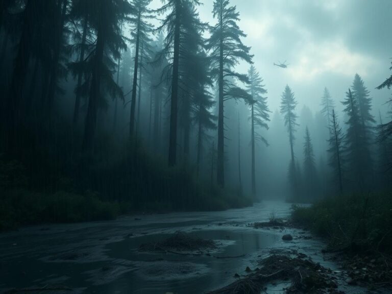Flick International Dense Michigan forest scene at dusk with towering pine trees and mist