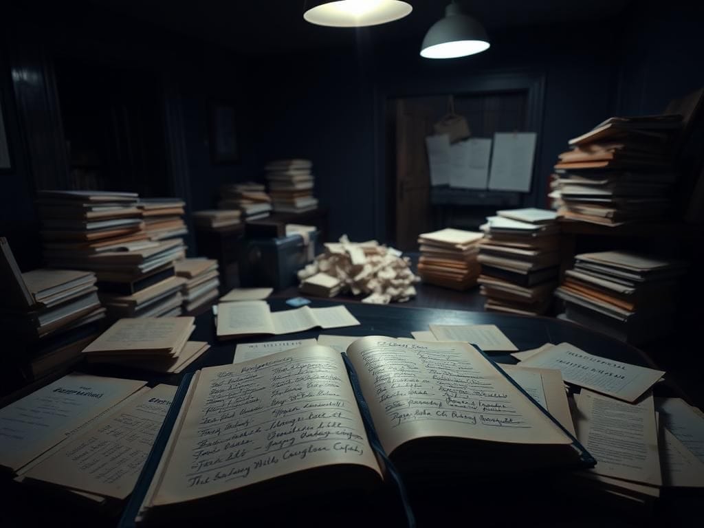 Flick International Dimly lit room filled with legal documents and an open vintage birthday book