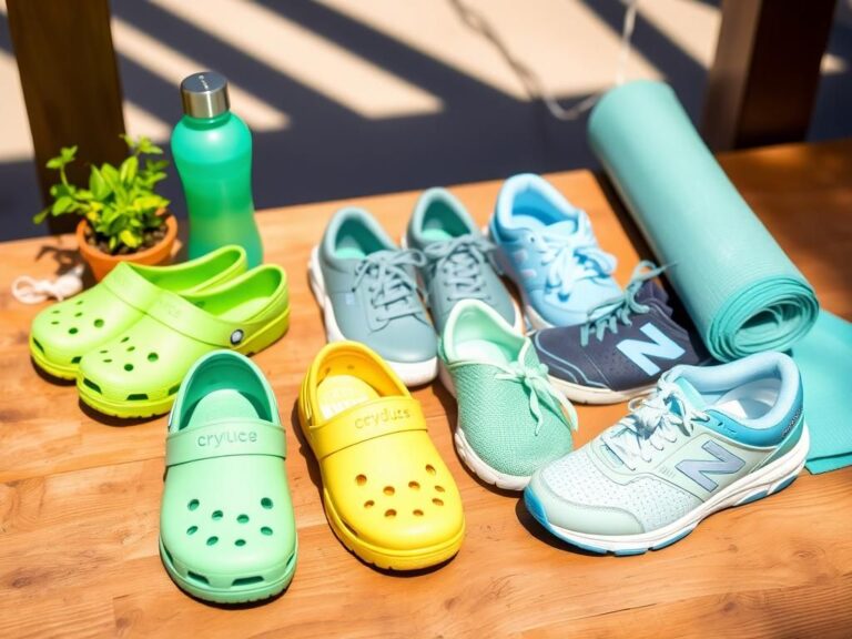 Flick International A variety of stylish sneakers arranged on a wooden surface, including colorful Crocs, HEYDUDE slip-ons, and New Balance cross trainers.
