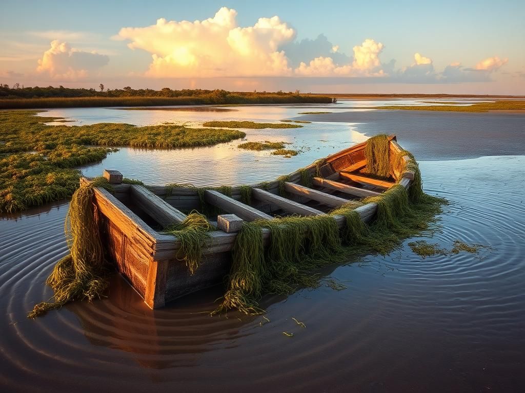Flick International A wooden shipwreck partially submerged in muddy flats at low tide in Aripeka, Florida.