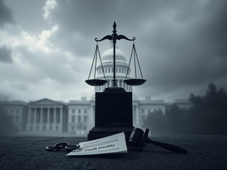 Flick International A somber depiction of justice with scales, a broken chain, and the U.S. Capitol in a cloudy backdrop