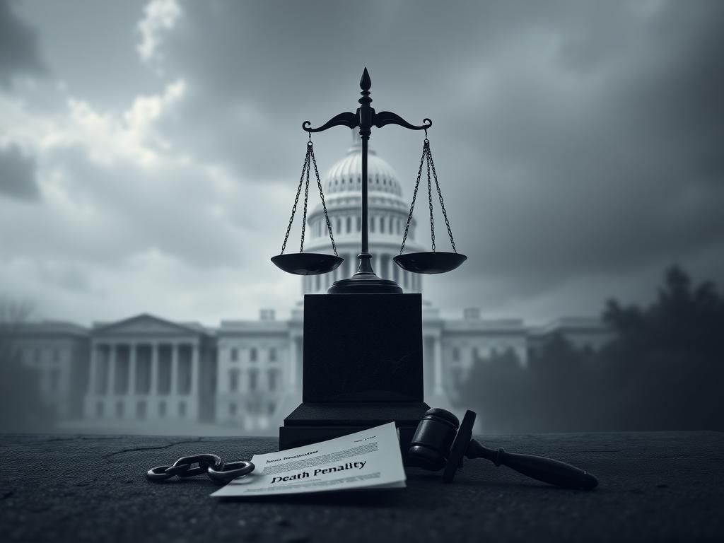 Flick International A somber depiction of justice with scales, a broken chain, and the U.S. Capitol in a cloudy backdrop