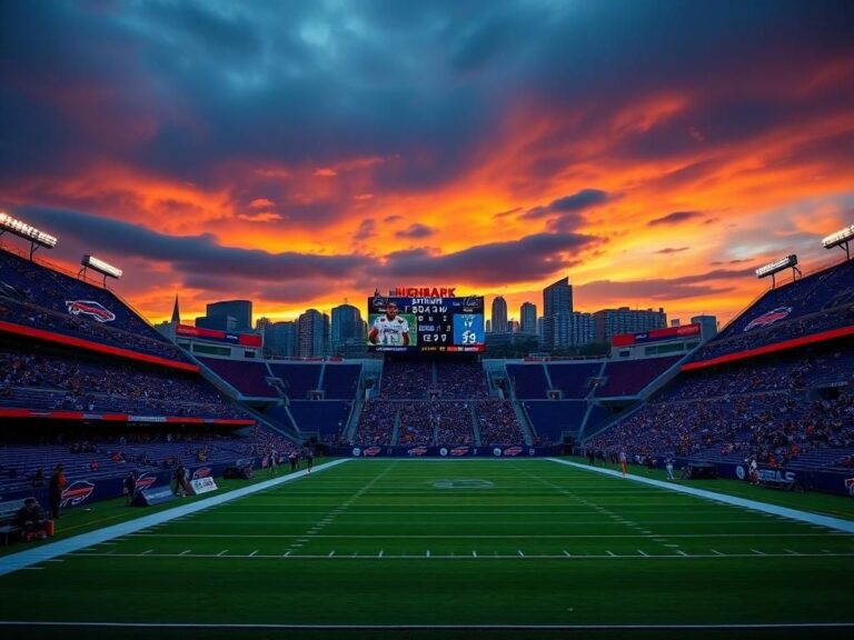 Flick International Empty Highmark Stadium at sunset with Buffalo Bills merchandise left behind