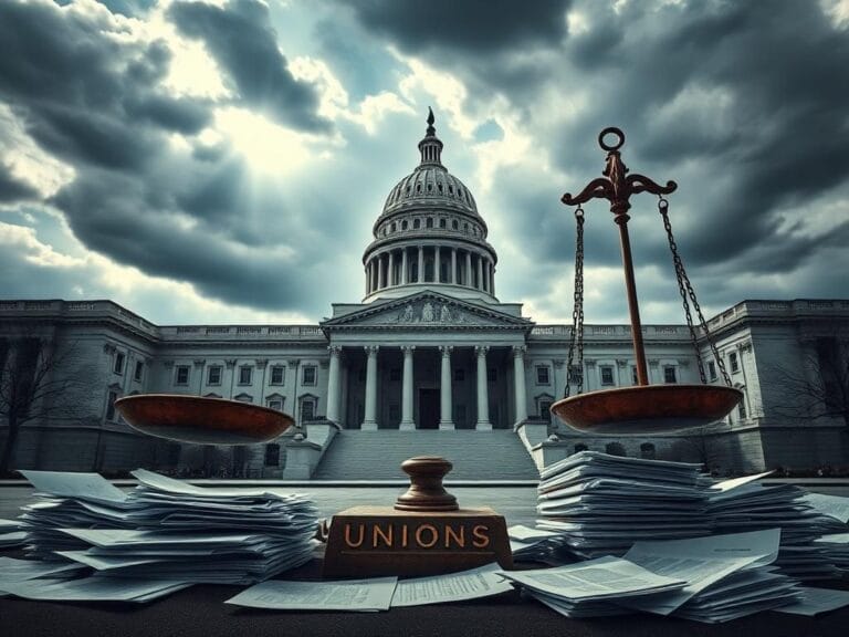 Flick International Grand weathered government building symbolizing the clash of public-sector unions and federal authority