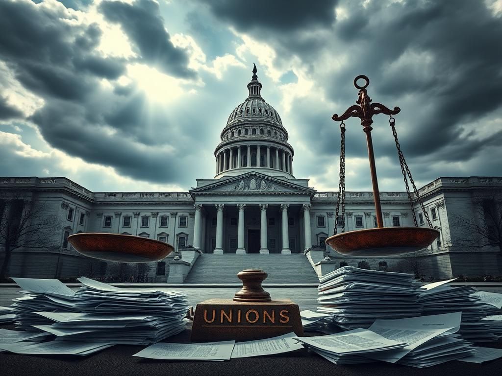 Flick International Grand weathered government building symbolizing the clash of public-sector unions and federal authority