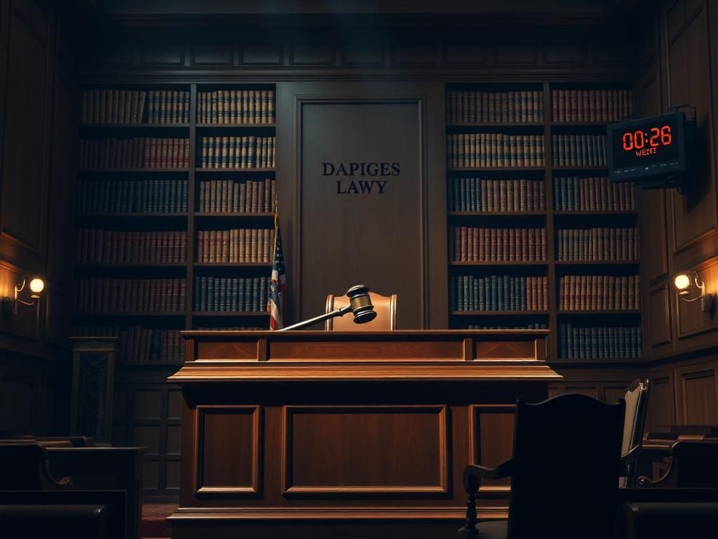 Flick International Dramatic courtroom scene highlighting an empty chair and a prominent judge's bench