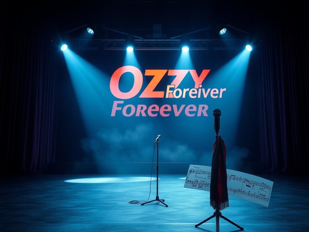 Flick International Empty rock stage with an illuminated 'Ozzy Forever' sign, honoring Ozzy Osbourne