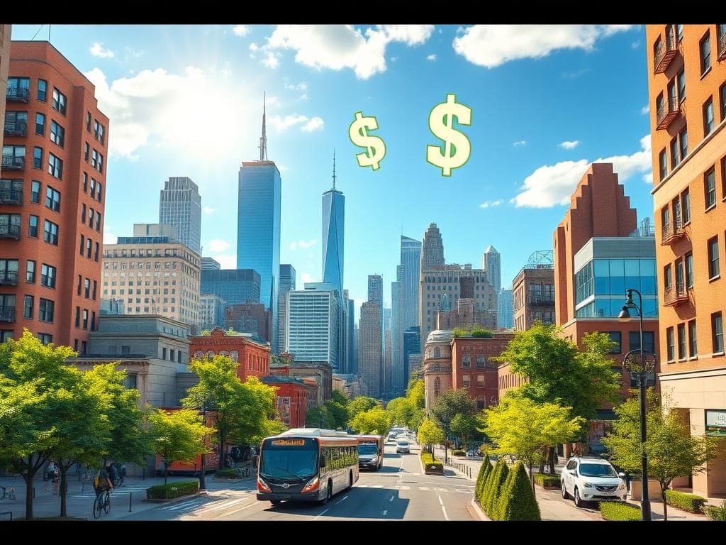 Flick International Vibrant street scene in New York City showcasing public transport and greenery