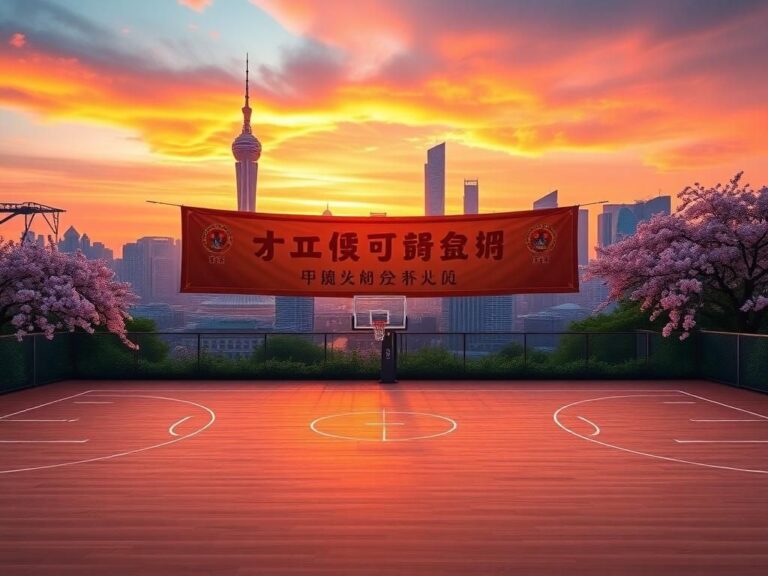Flick International Basketball court with Shanghai skyline at sunset