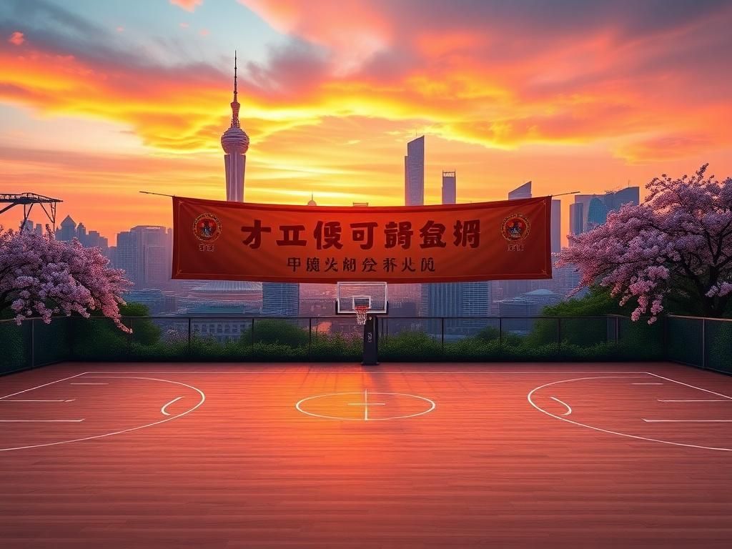 Flick International Basketball court with Shanghai skyline at sunset