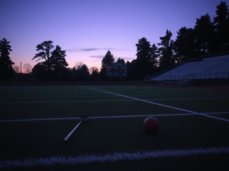 Flick International A serene lacrosse field at dusk, symbolizing loss and remembrance for two players