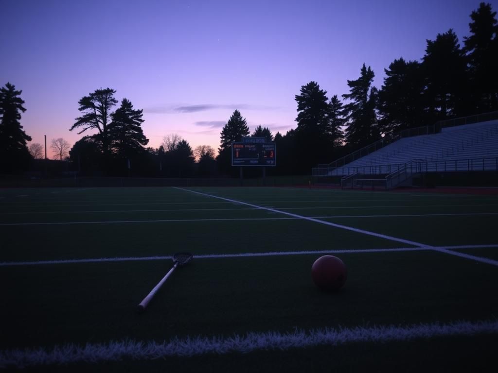 Flick International A serene lacrosse field at dusk, symbolizing loss and remembrance for two players