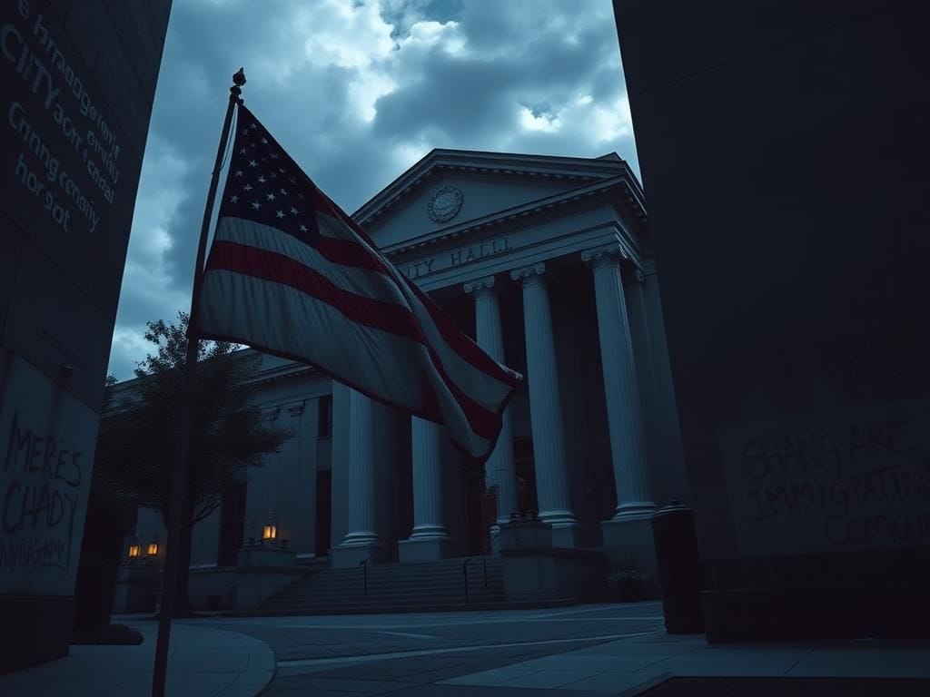 Flick International Worn American flag in front of Boston City Hall symbolizing immigration issues and political tension