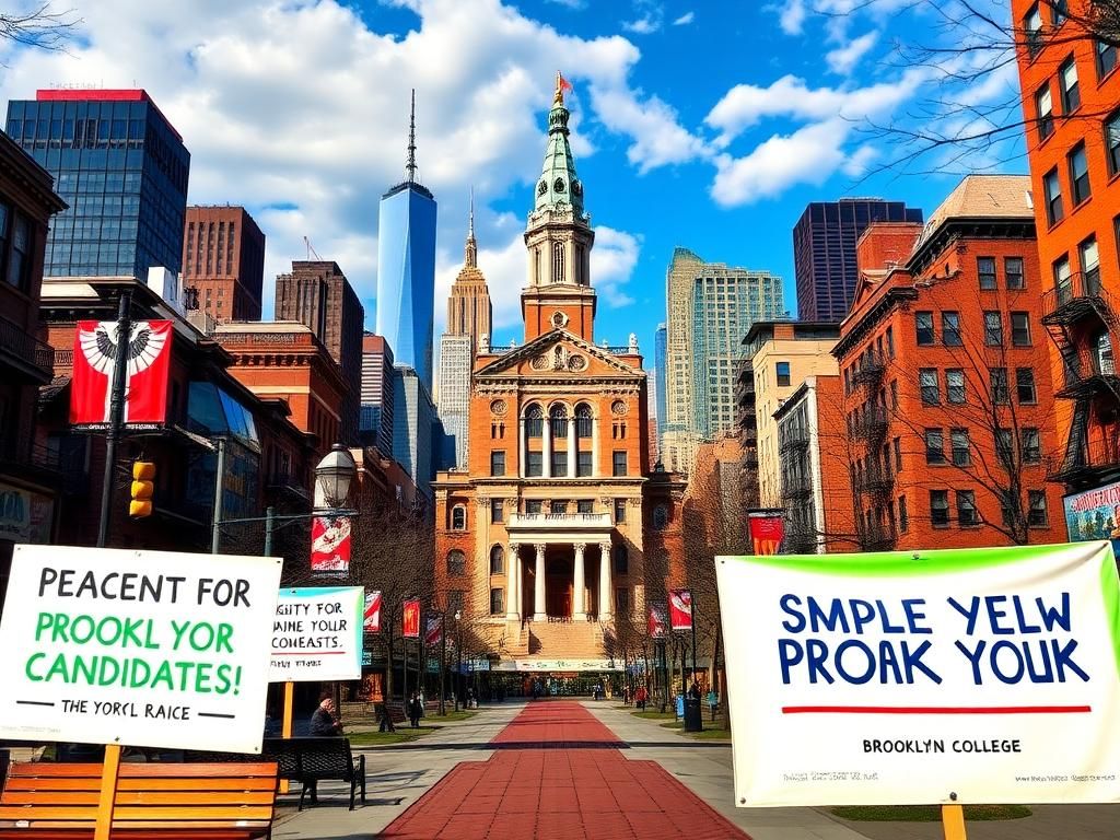 Flick International New York City skyline featuring Brooklyn College and political activism placards