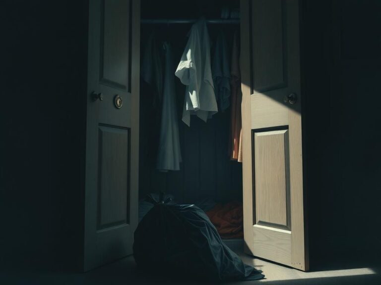 Flick International A somber closet scene with a black trash bag and scattered personal items
