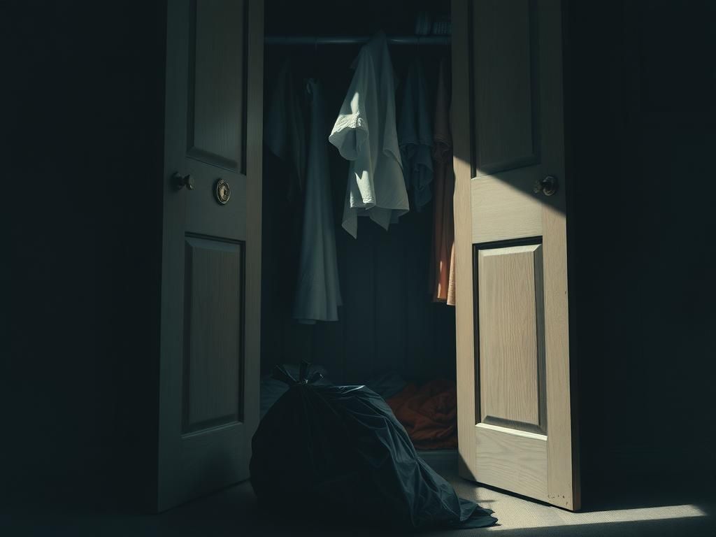 Flick International A somber closet scene with a black trash bag and scattered personal items