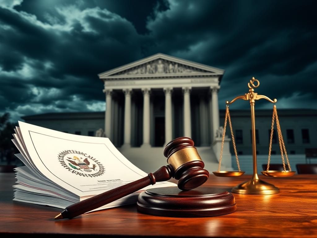 Flick International Dramatic courtroom scene with Supreme Court building and gavel on table