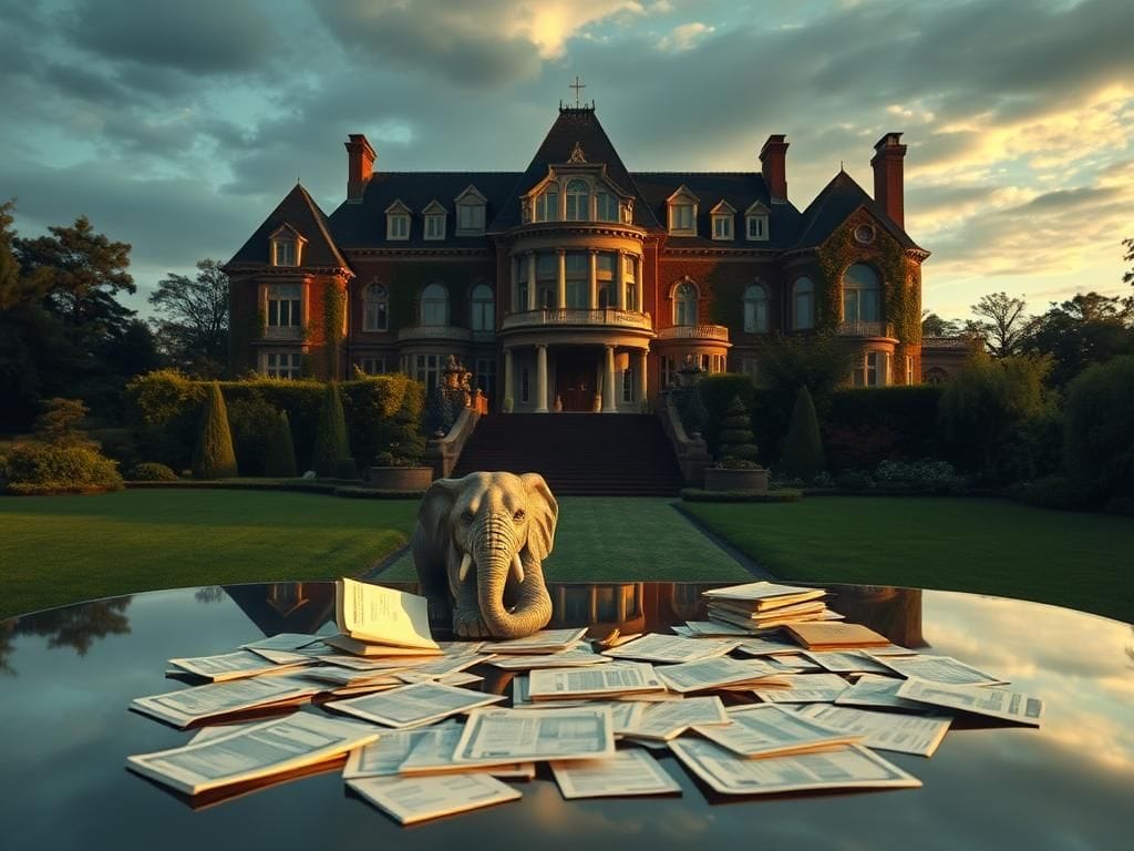 Flick International A luxurious mansion surrounded by greenery with a distressed elephant statue symbolizing contrasting perceptions of wealth