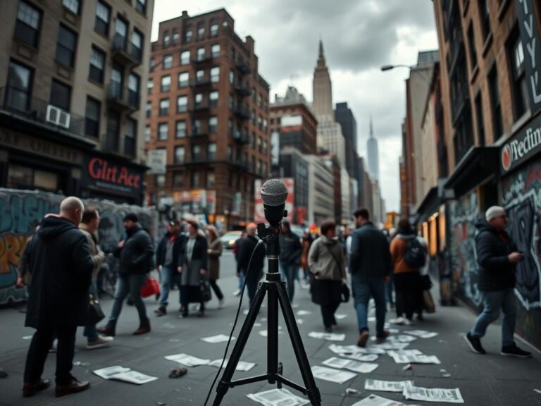 Flick International A bustling NYC street scene depicting a street interview with microphone and camera tripod