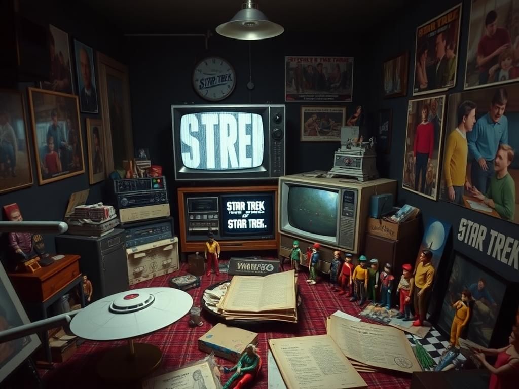 Flick International Vintage 'Star Trek' memorabilia including a classic Starship Enterprise model and action figures in a dimly lit room