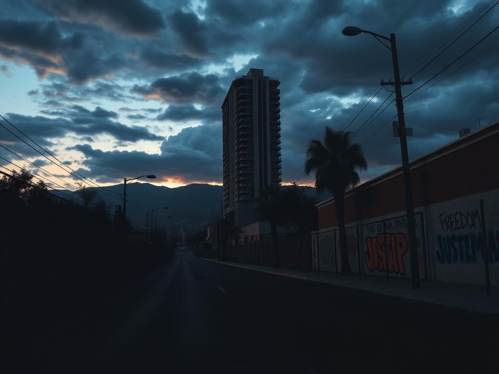 Flick International A dark urban landscape in California at dusk, highlighting a looming high-rise and empty streets under a brooding sky.