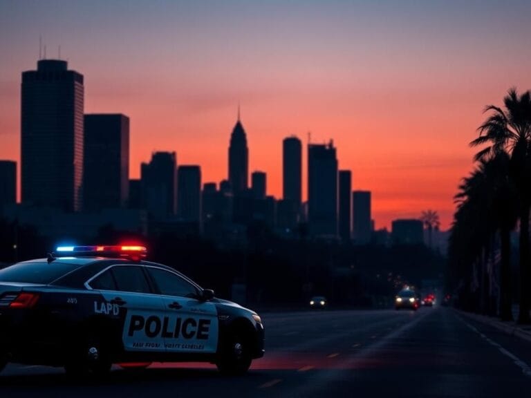 Flick International Los Angeles skyline at dusk with police cruiser in foreground