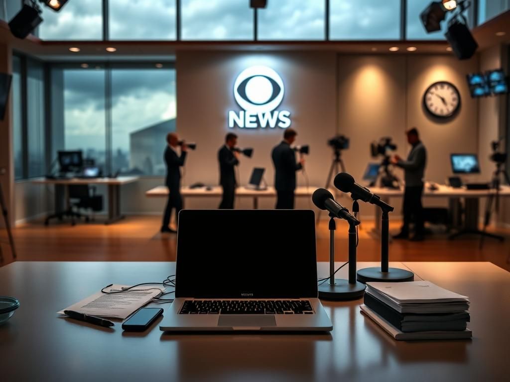 Flick International Serene newsroom interior featuring a modern desk, laptop, and CBS News logo